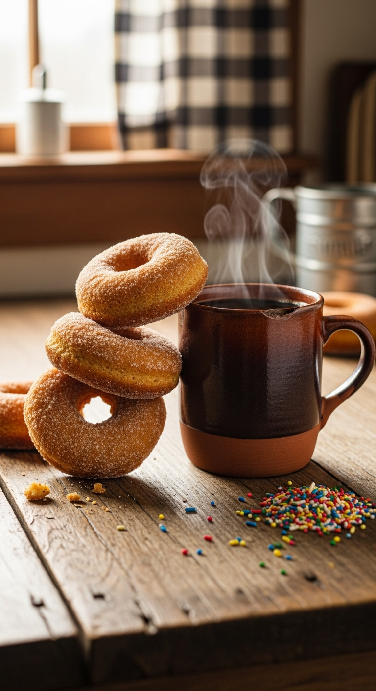 Vegan Gluten-Free Cake Donuts stacked near a coffee cup