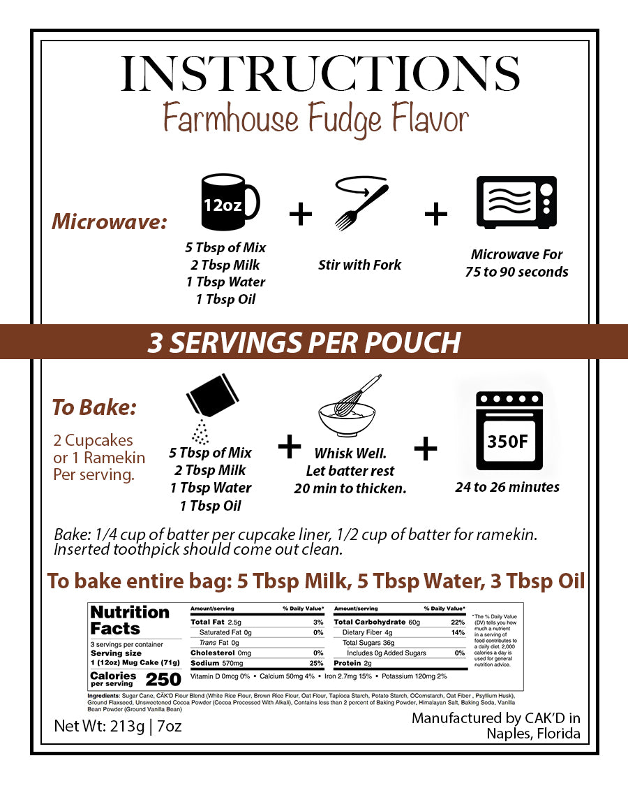 Instructions for Farmhouse Fudge flavor with microwave and baking instructions, ingredients, and nutrition facts.