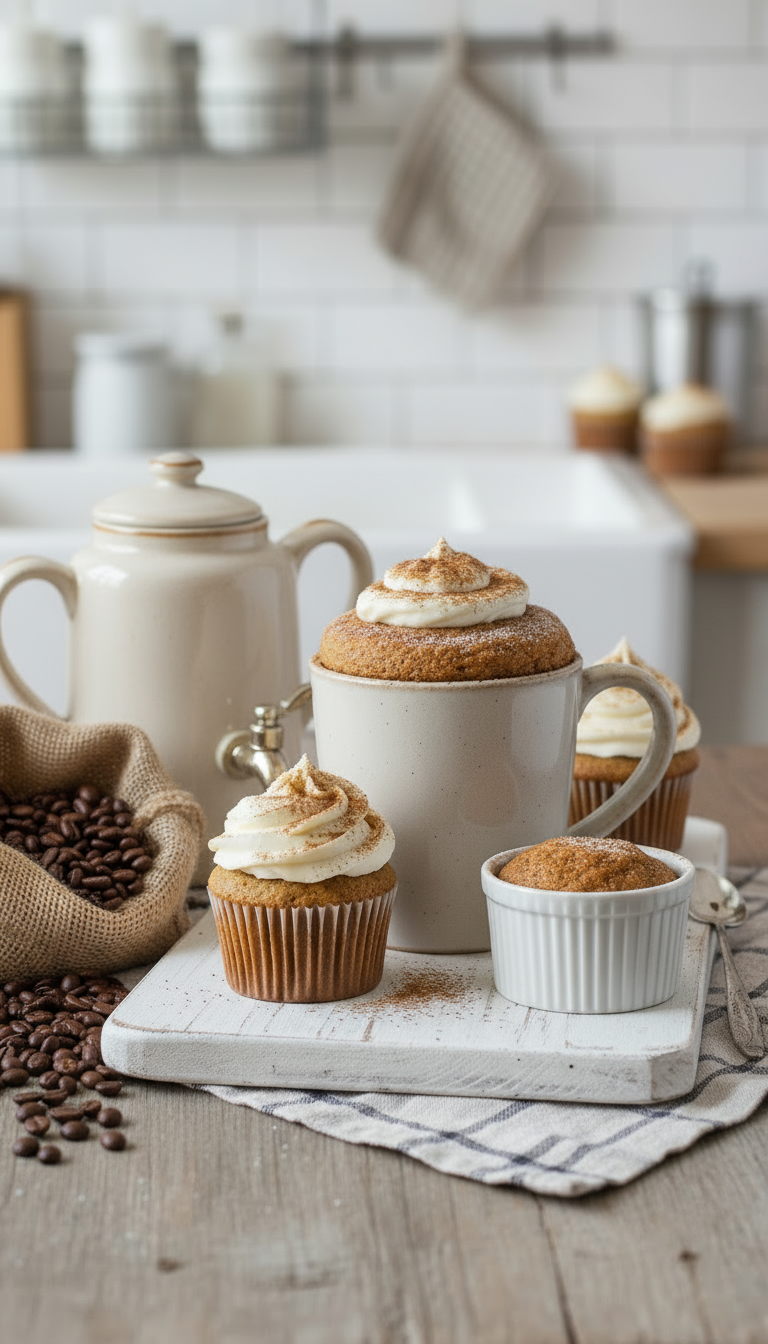 Vegan Gluten-Free Coffee Flavored Cupcakes and single-serve mugcake with cream on a kitchen counter with coffee beans and a teapot.