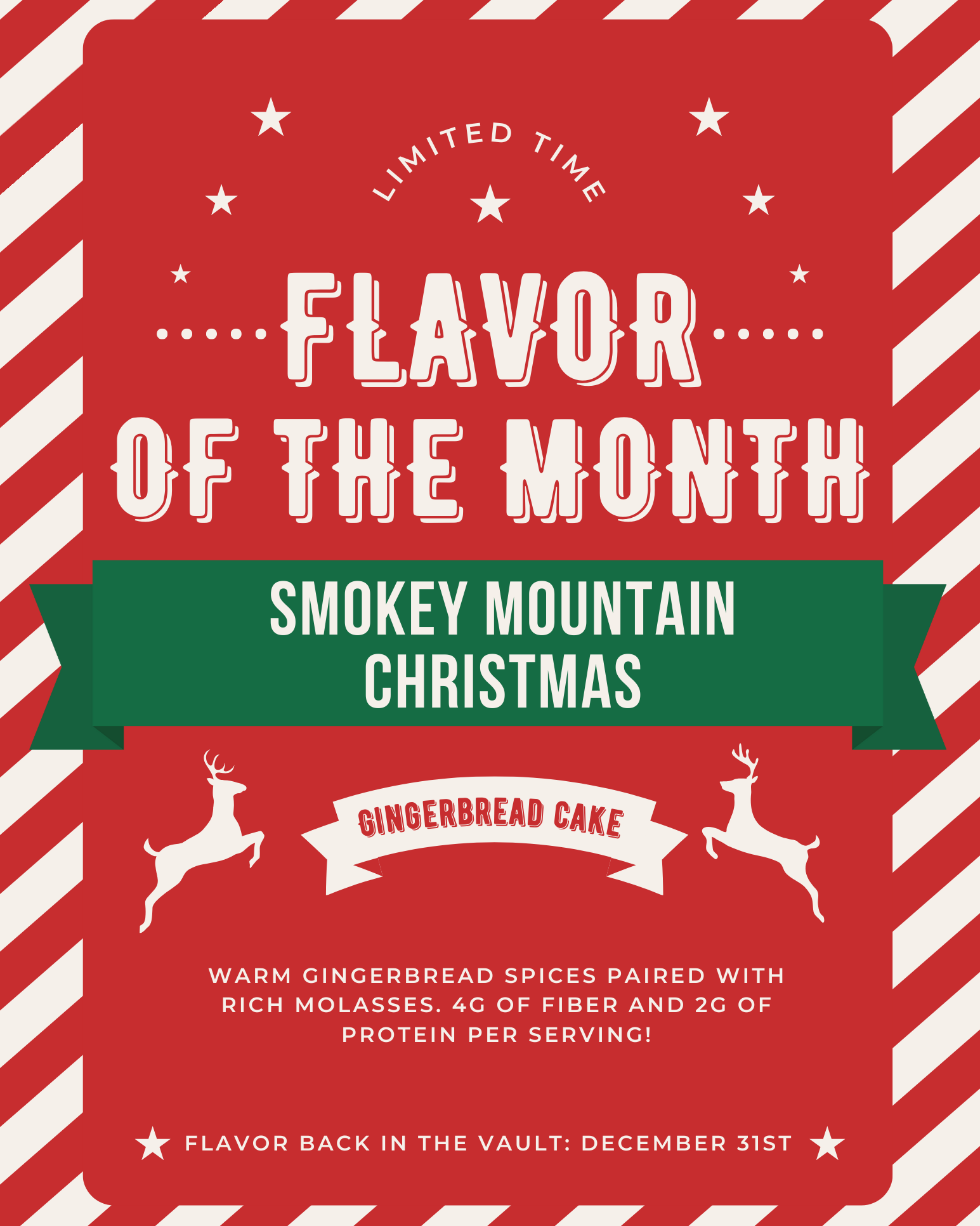 Promotional graphic for 'Flavor of the Month' gingerbread cake with red and white striped border and text details.