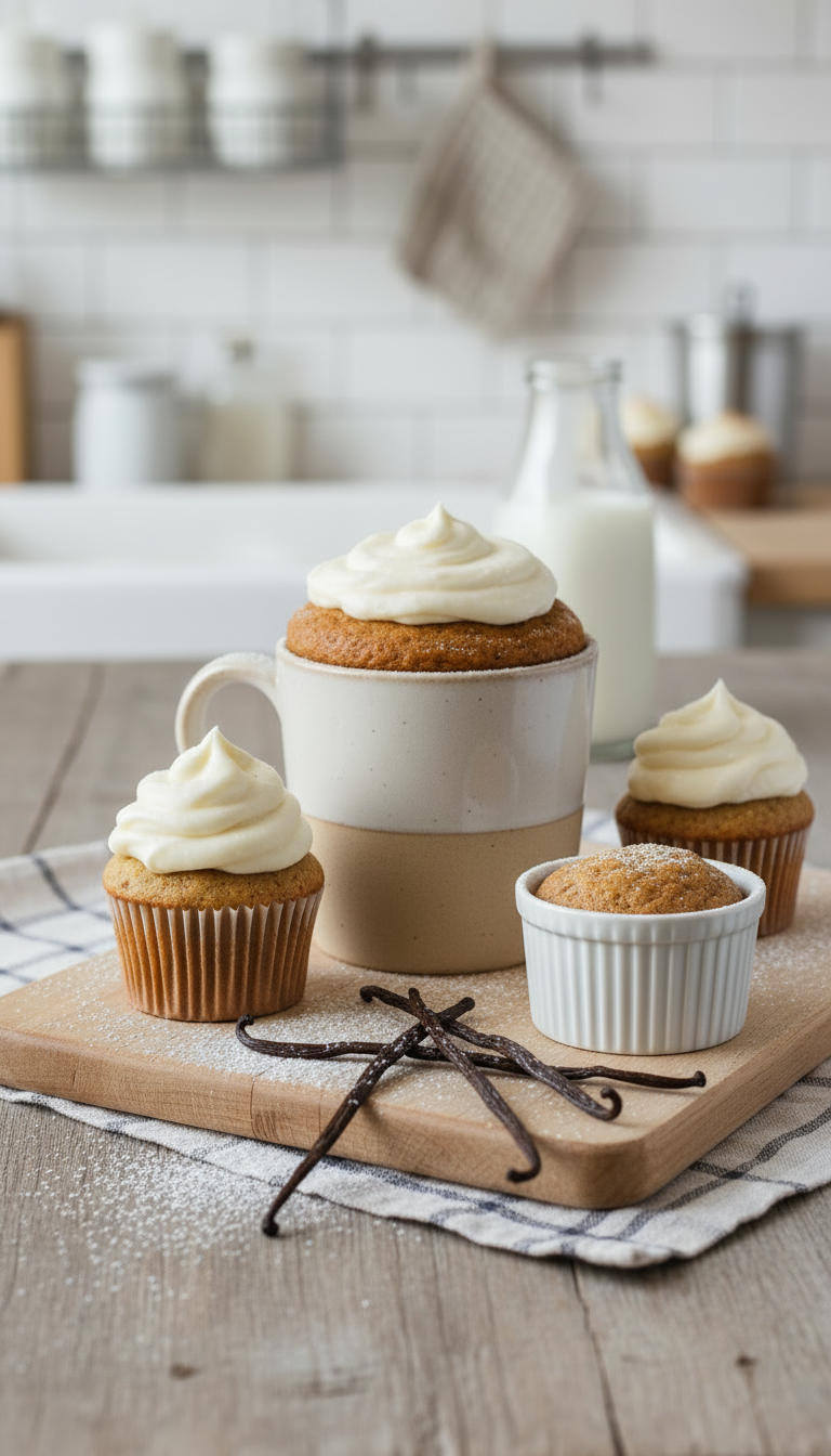 Gluten Free Vegan Cupcakes with vanilla frosting on a wooden cutting board in a kitchen setting.