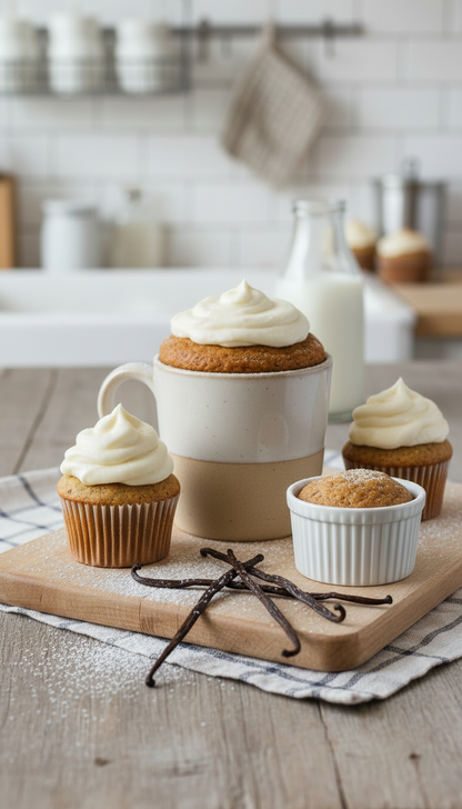 Gluten Free Vegan Cupcakes with vanilla frosting on a wooden cutting board in a kitchen setting.
