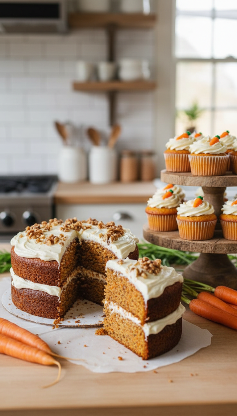 Gluten-Free Vegan Carrot cake with a slice cut out on a kitchen counter, surrounded by carrots and cupcakes.