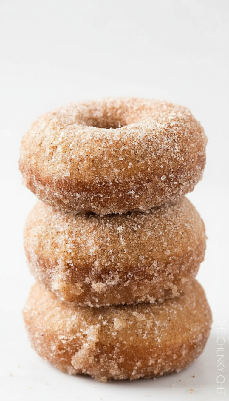 Stack of three sugary vegan and gluten free donuts on a white background 